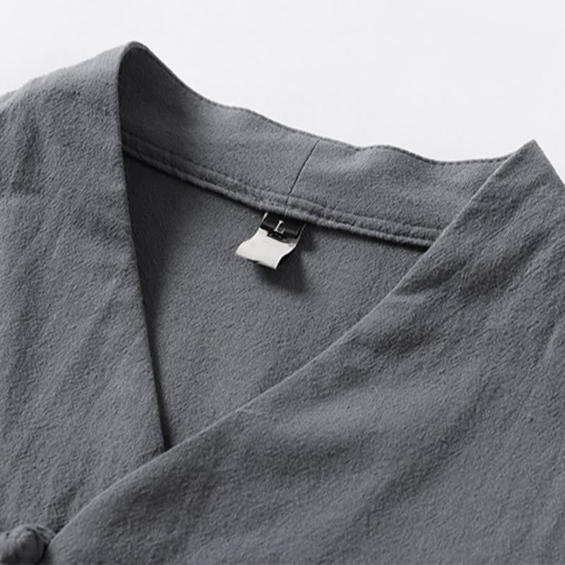 Casual Plain Color Two Buttons V-neck Three Quarter Sleeve Cotton Men's Shirt