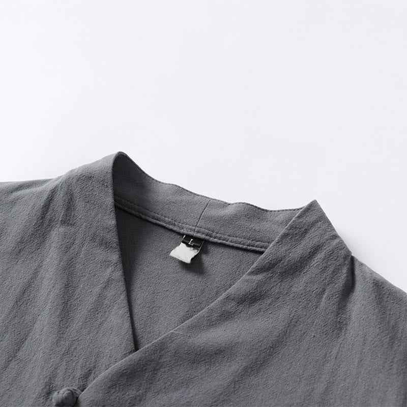 Casual Plain Color Two Buttons V-neck Three Quarter Sleeve Cotton Men's Shirt