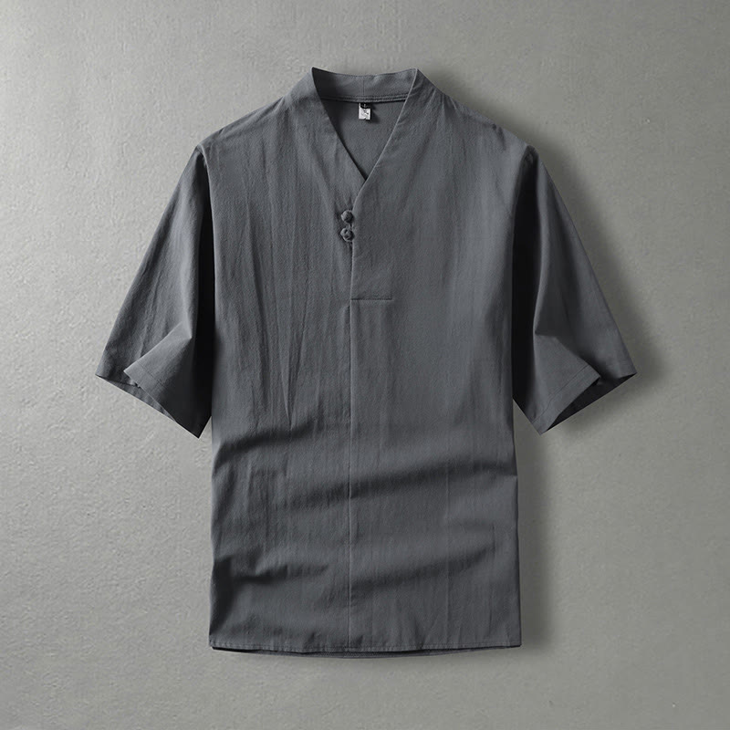 Casual Plain Color Two Buttons V-neck Three Quarter Sleeve Cotton Men's Shirt