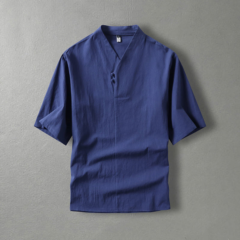 Casual Plain Color Two Buttons V-neck Three Quarter Sleeve Cotton Men's Shirt