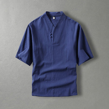 Casual Plain Color Two Buttons V-neck Three Quarter Sleeve Cotton Men's Shirt