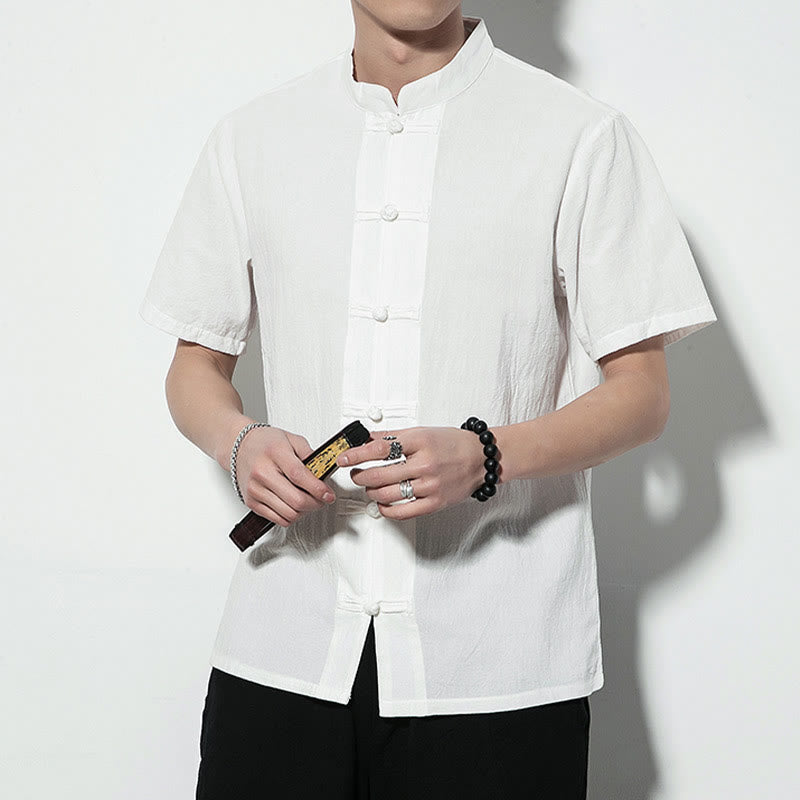 Casual Solid Color Front Frog Buttons Chinese Tang Suit Short Sleeve Linen Men's Shirt