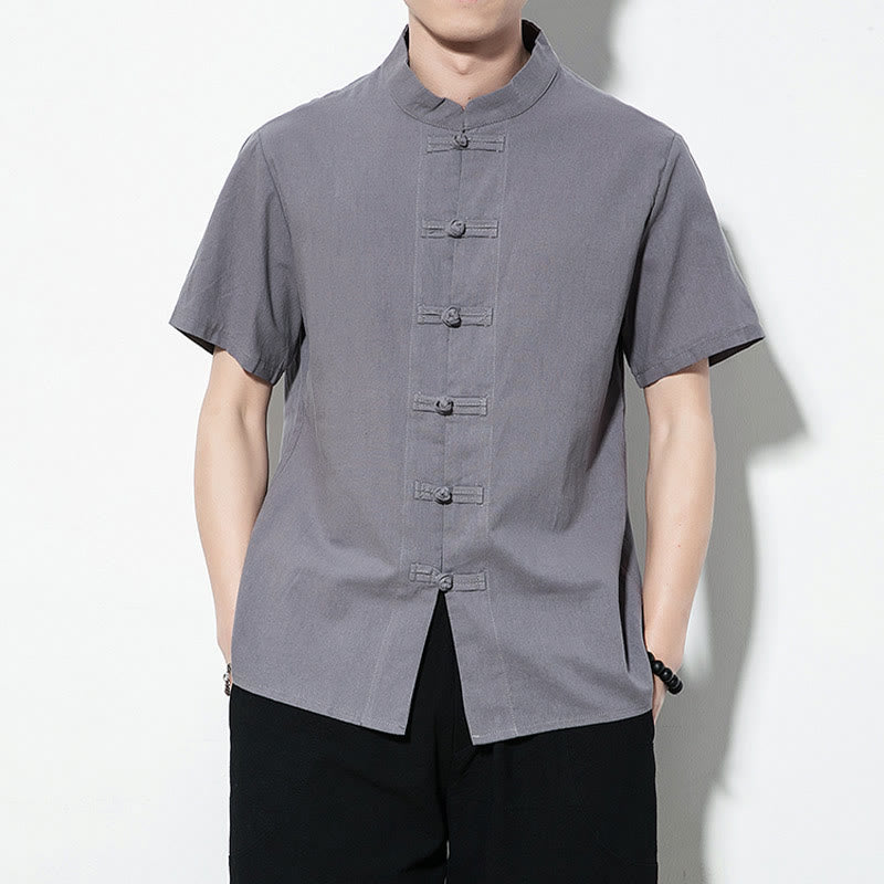 Casual Solid Color Front Frog Buttons Chinese Tang Suit Short Sleeve Linen Men's Shirt
