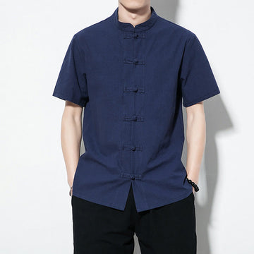 Casual Solid Color Front Frog Buttons Chinese Tang Suit Short Sleeve Linen Men's Shirt