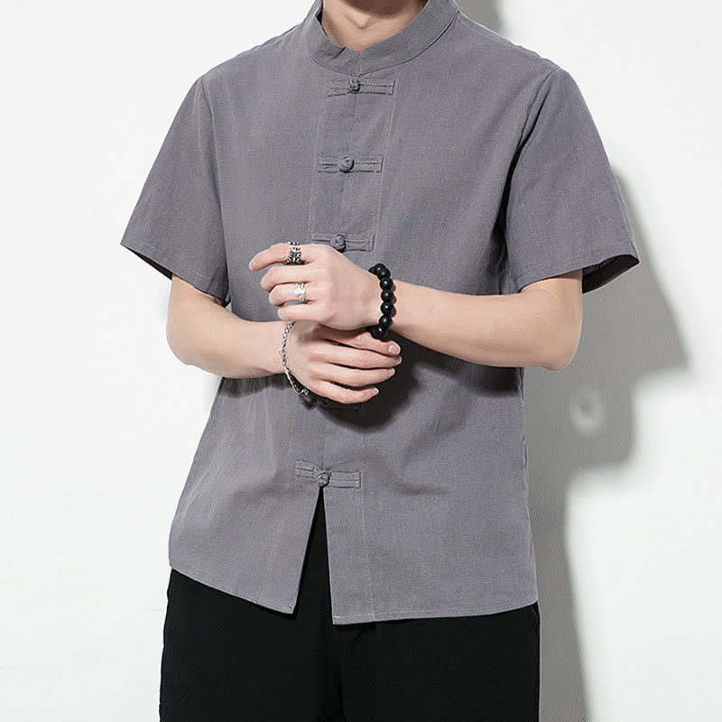 Casual Solid Color Front Frog Buttons Chinese Tang Suit Short Sleeve Linen Men's Shirt