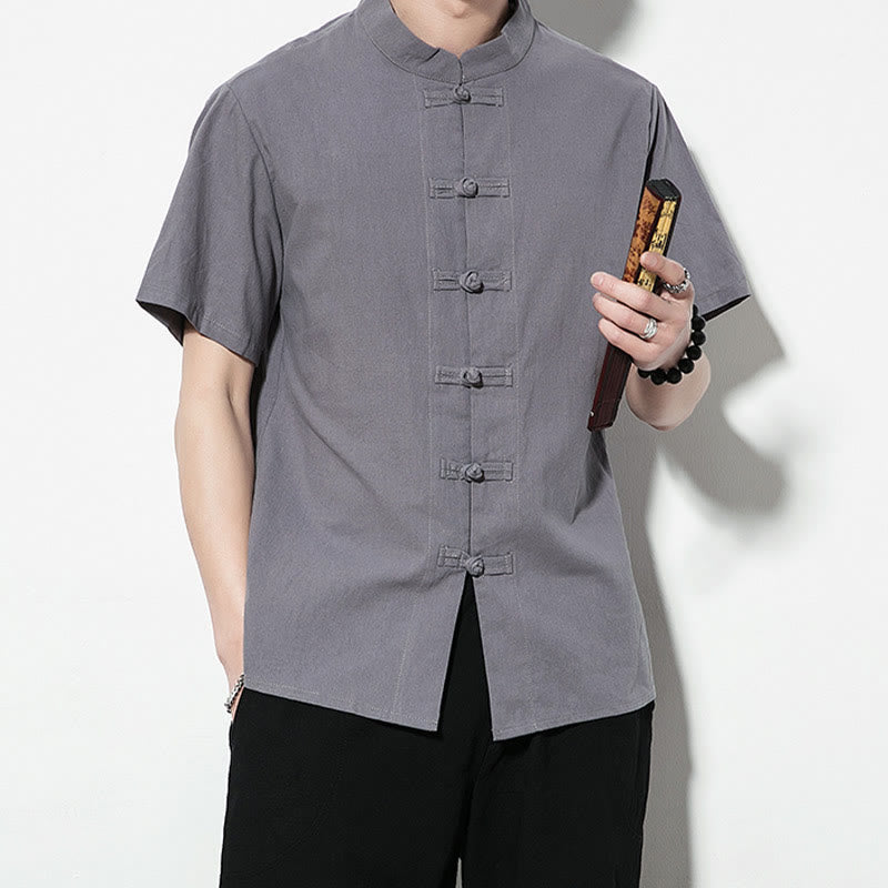 Casual Solid Color Front Frog Buttons Chinese Tang Suit Short Sleeve Linen Men's Shirt