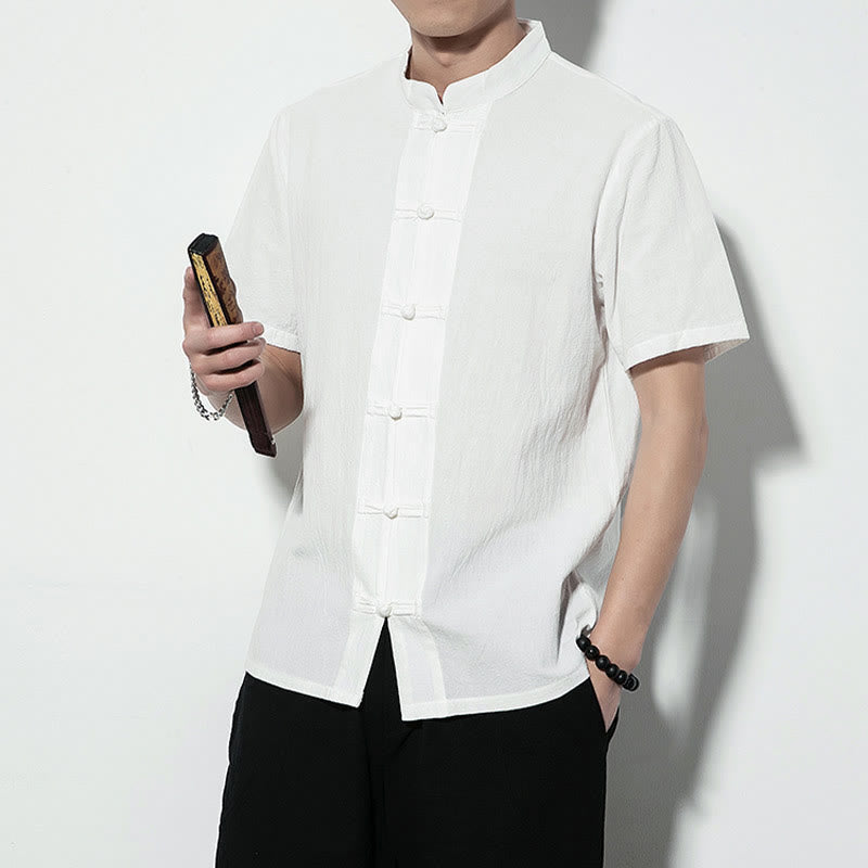 Casual Solid Color Front Frog Buttons Chinese Tang Suit Short Sleeve Linen Men's Shirt
