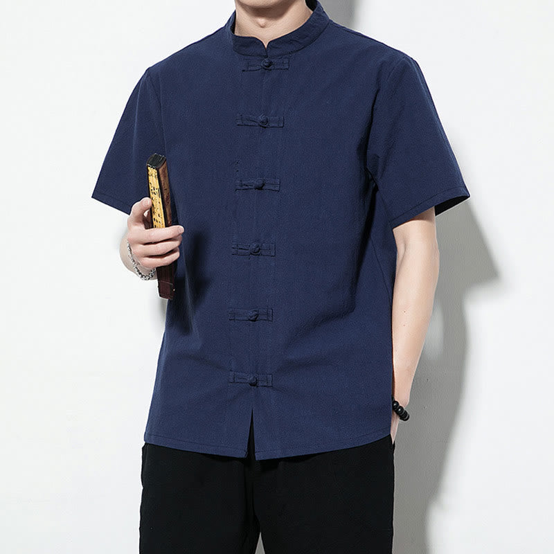 Casual Solid Color Front Frog Buttons Chinese Tang Suit Short Sleeve Linen Men's Shirt
