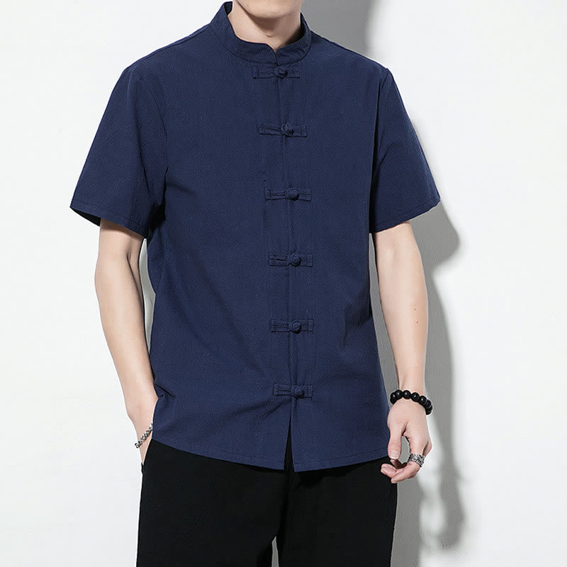 Casual Solid Color Front Frog Buttons Chinese Tang Suit Short Sleeve Linen Men's Shirt