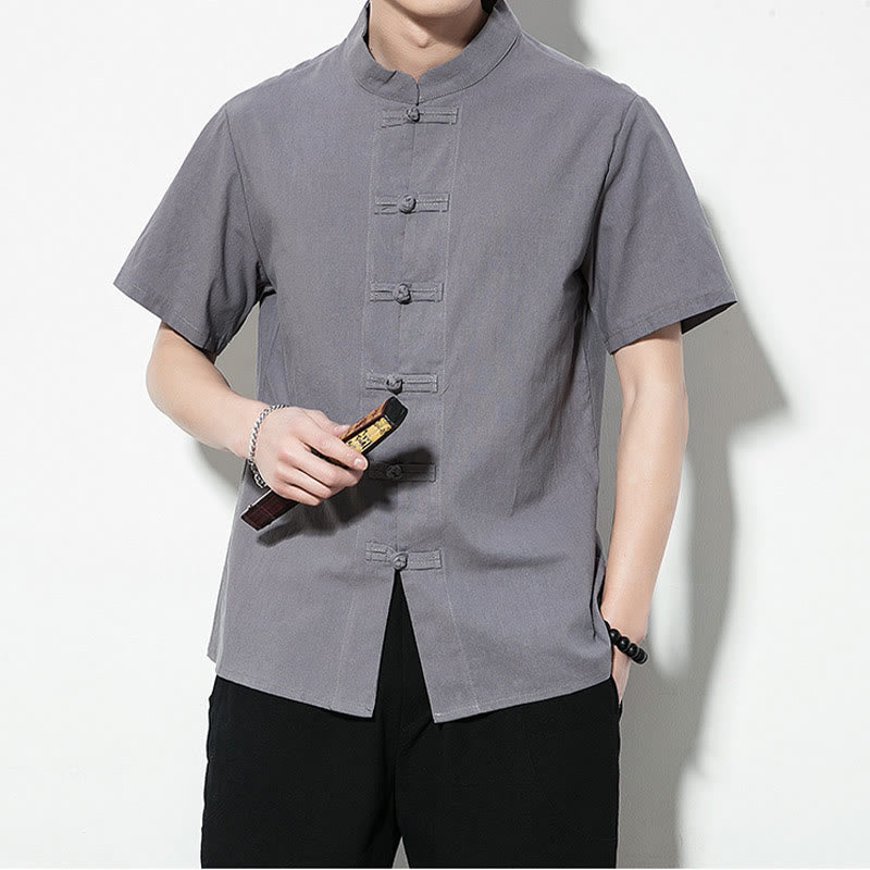 Casual Solid Color Front Frog Buttons Chinese Tang Suit Short Sleeve Linen Men's Shirt