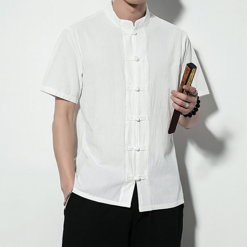 Casual Solid Color Front Frog Buttons Chinese Tang Suit Short Sleeve Linen Men's Shirt