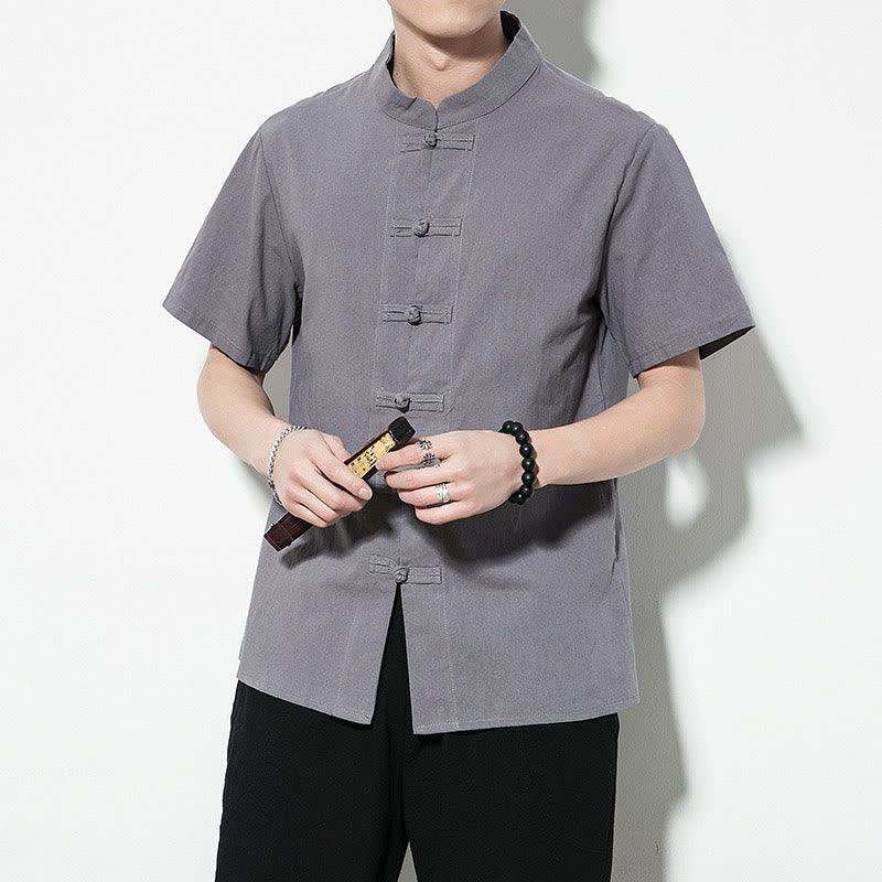 Casual Solid Color Front Frog Buttons Chinese Tang Suit Short Sleeve Linen Men's Shirt