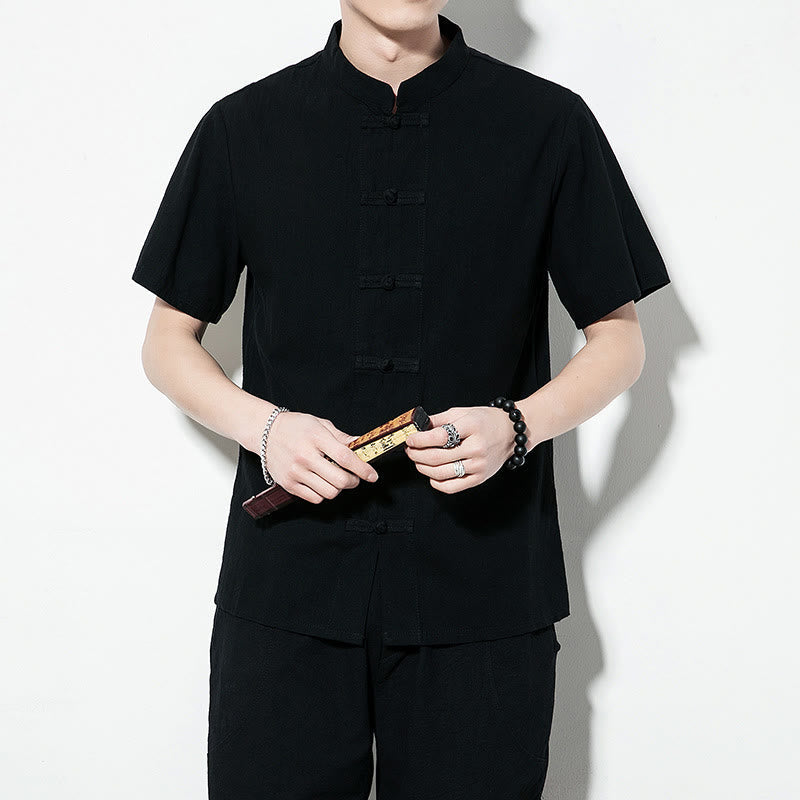 Casual Solid Color Front Frog Buttons Chinese Tang Suit Short Sleeve Linen Men's Shirt