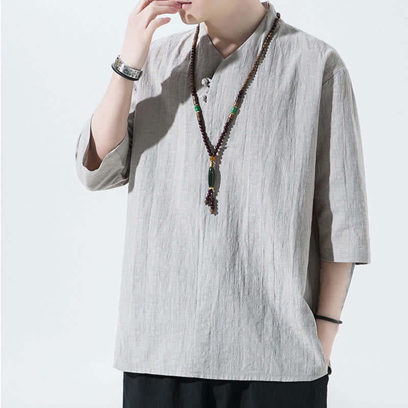 Casual Solid Color Two Buttons V-neck Three Quarter Sleeve Cotton Linen Men's Shirt