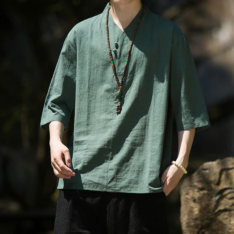 Casual Solid Color Two Buttons V-neck Three Quarter Sleeve Cotton Linen Men's Shirt