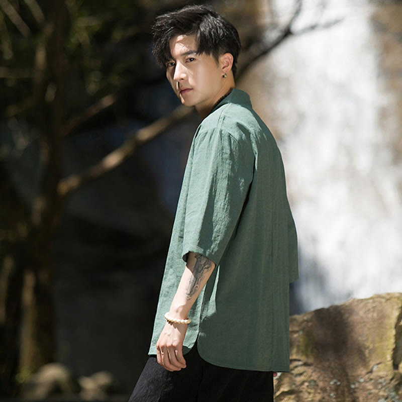 Casual Solid Color Two Buttons V-neck Three Quarter Sleeve Cotton Linen Men's Shirt