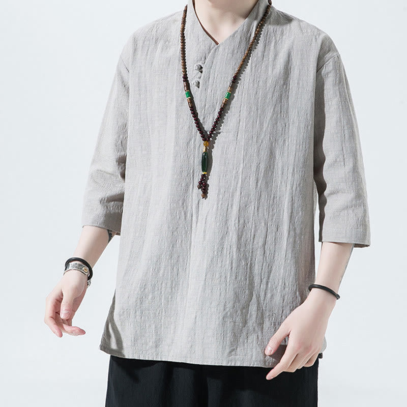 Casual Solid Color Two Buttons V-neck Three Quarter Sleeve Cotton Linen Men's Shirt