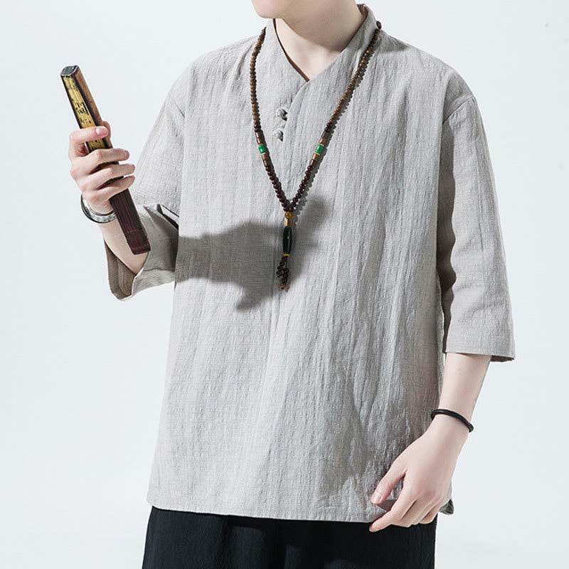 Casual Solid Color Two Buttons V-neck Three Quarter Sleeve Cotton Linen Men's Shirt