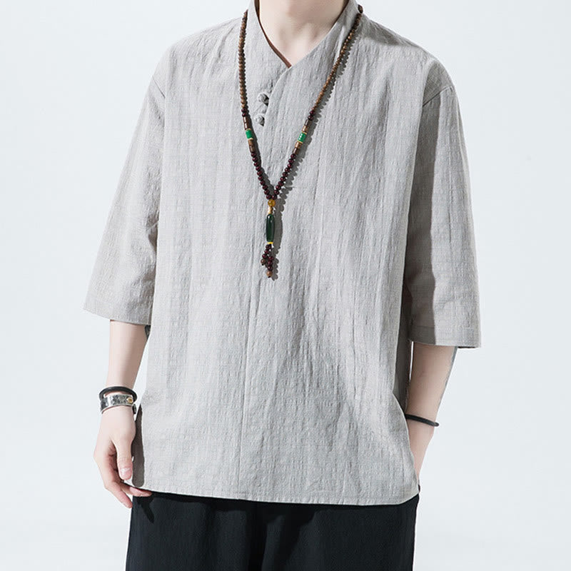 Casual Solid Color Two Buttons V-neck Three Quarter Sleeve Cotton Linen Men's Shirt