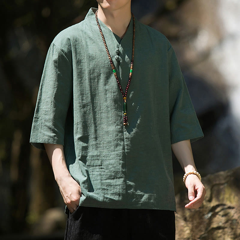 Casual Solid Color Two Buttons V-neck Three Quarter Sleeve Cotton Linen Men's Shirt