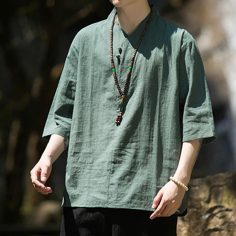 Casual Solid Color Two Buttons V-neck Three Quarter Sleeve Cotton Linen Men's Shirt