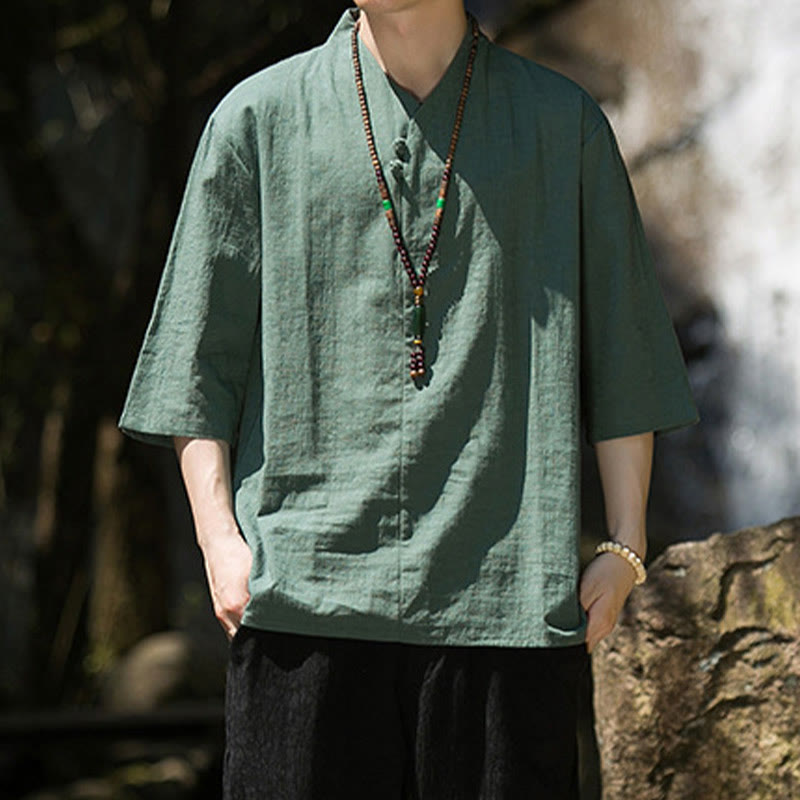 Casual Solid Color Two Buttons V-neck Three Quarter Sleeve Cotton Linen Men's Shirt