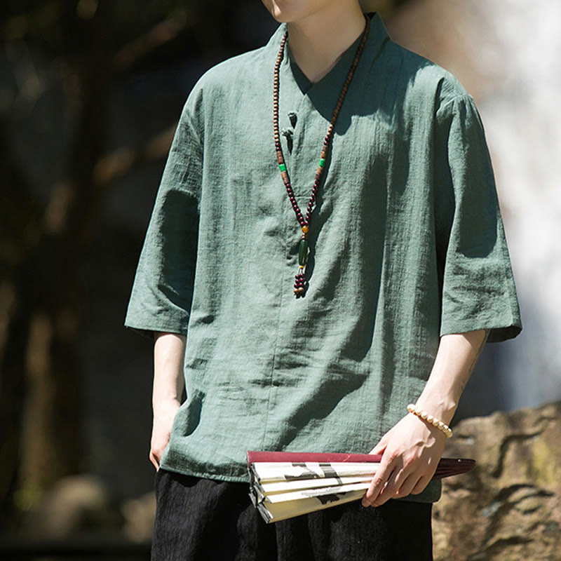 Casual Solid Color Two Buttons V-neck Three Quarter Sleeve Cotton Linen Men's Shirt
