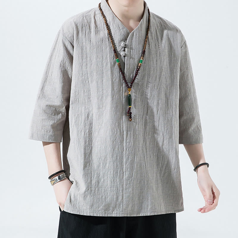 Casual Solid Color Two Buttons V-neck Three Quarter Sleeve Cotton Linen Men's Shirt