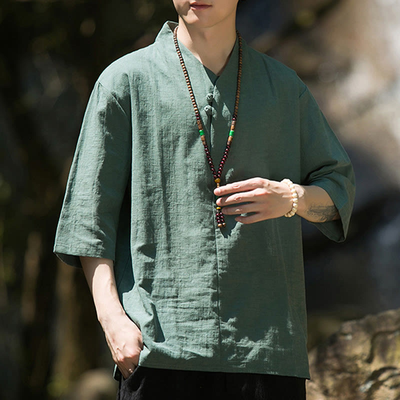 Casual Solid Color Two Buttons V-neck Three Quarter Sleeve Cotton Linen Men's Shirt