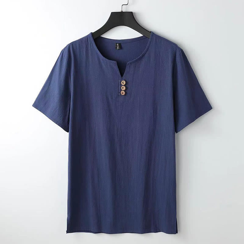 Solid Color V-neck Three Top Buttons Short Sleeve Cotton linen Men's Shirt