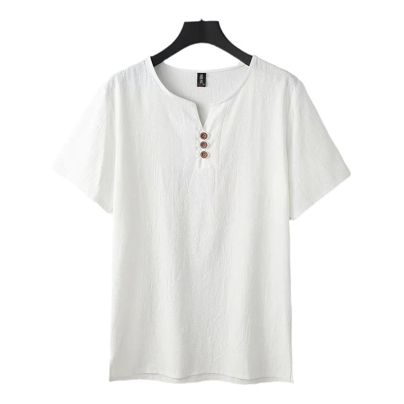 Solid Color V-neck Three Top Buttons Short Sleeve Cotton linen Men's Shirt