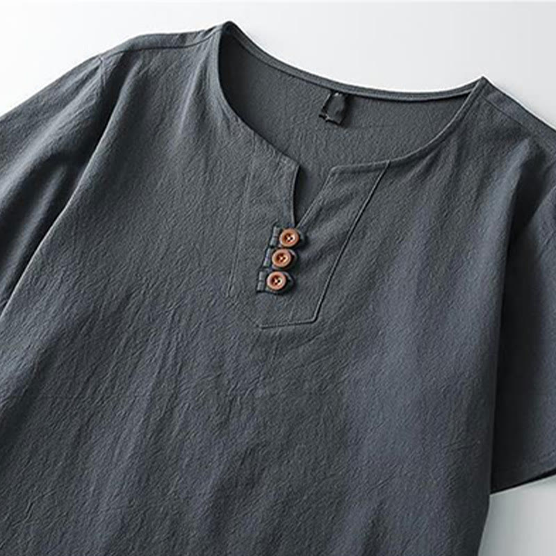 Solid Color V-neck Three Top Buttons Short Sleeve Cotton linen Men's Shirt