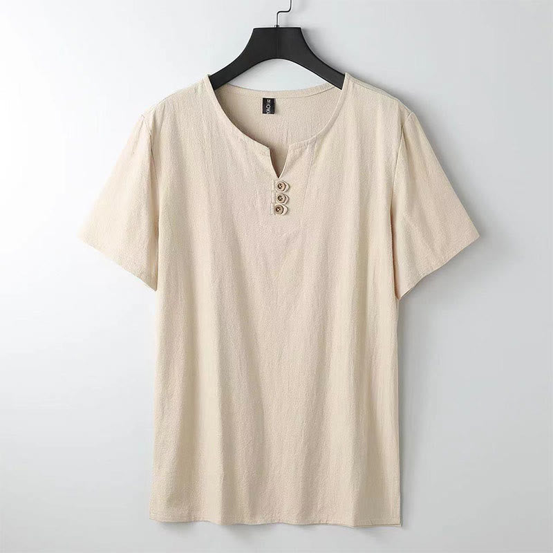 Solid Color V-neck Three Top Buttons Short Sleeve Cotton linen Men's Shirt