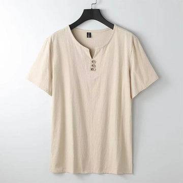 Solid Color V-neck Three Top Buttons Short Sleeve Cotton linen Men's Shirt