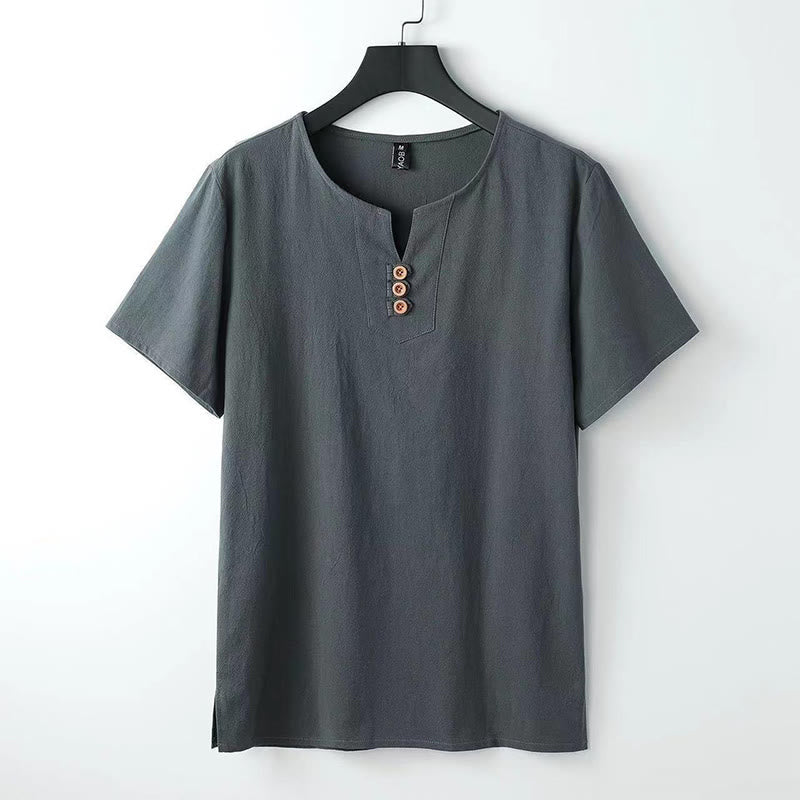 Solid Color V-neck Three Top Buttons Short Sleeve Cotton linen Men's Shirt