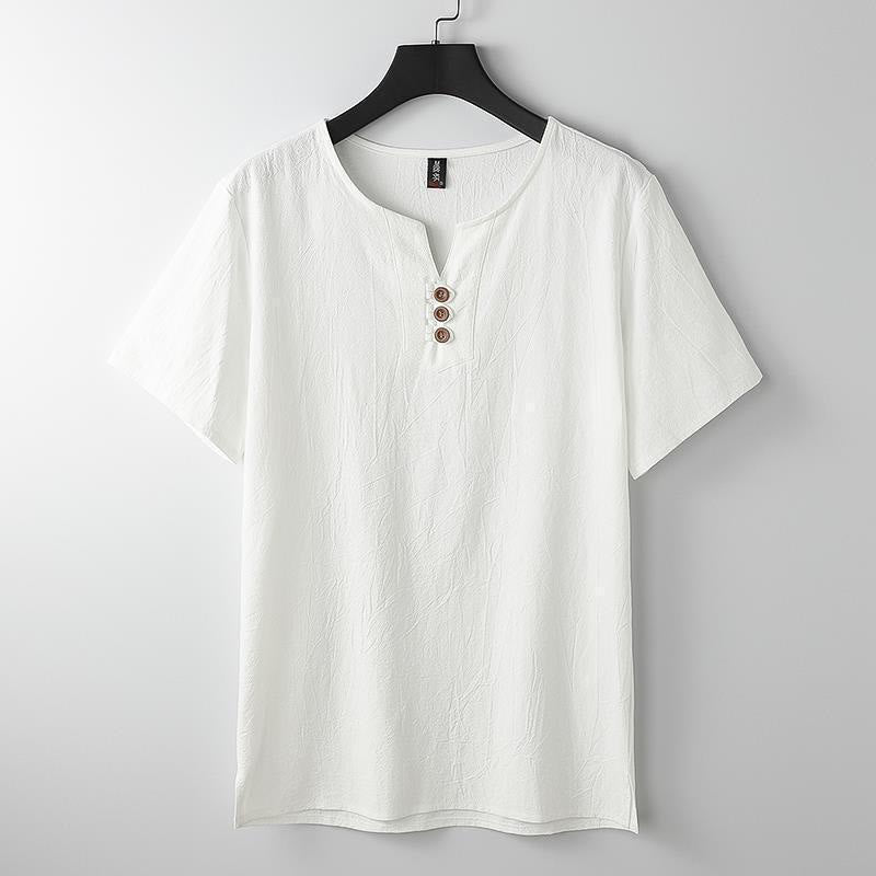 Solid Color V-neck Three Top Buttons Short Sleeve Cotton linen Men's Shirt