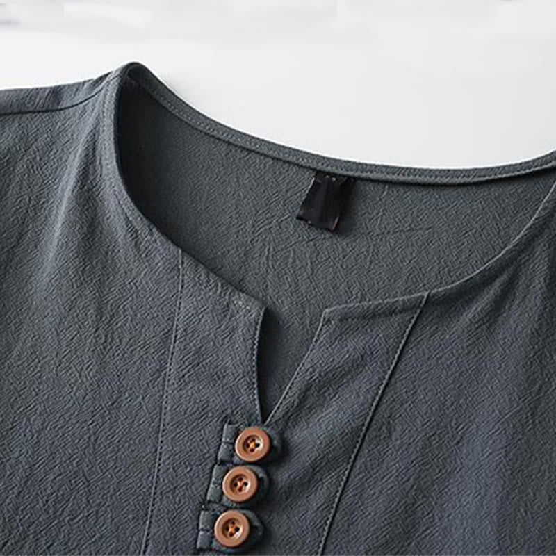 Solid Color V-neck Three Top Buttons Short Sleeve Cotton linen Men's Shirt