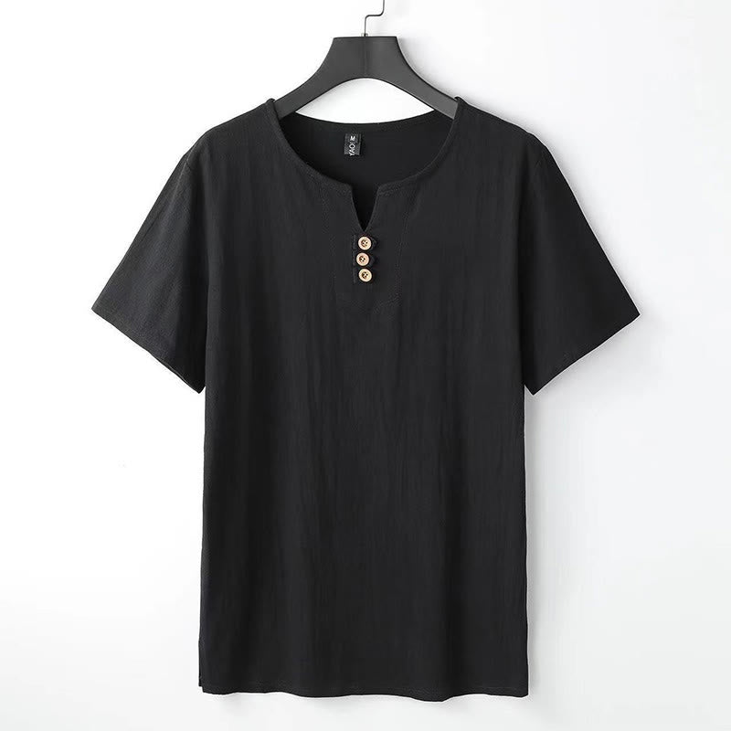 Solid Color V-neck Three Top Buttons Short Sleeve Cotton linen Men's Shirt