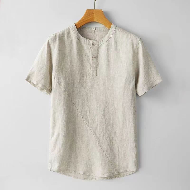 Solid Color Short Sleeve Two Top Buttons Cotton Linen Men's Shirt