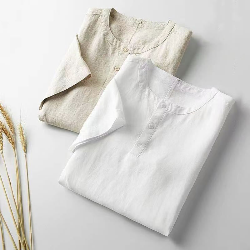 Solid Color Short Sleeve Two Top Buttons Cotton Linen Men's Shirt