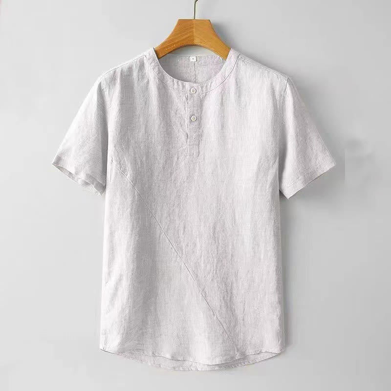 Solid Color Short Sleeve Two Top Buttons Cotton Linen Men's Shirt