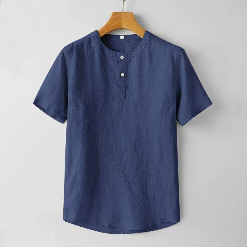 Solid Color Short Sleeve Two Top Buttons Cotton Linen Men's Shirt