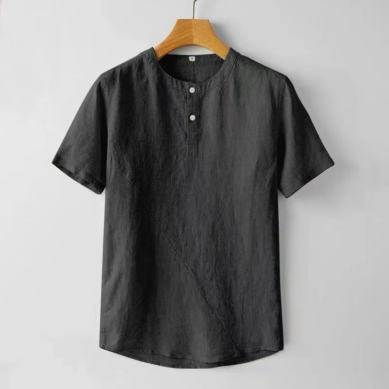 Solid Color Short Sleeve Two Top Buttons Cotton Linen Men's Shirt