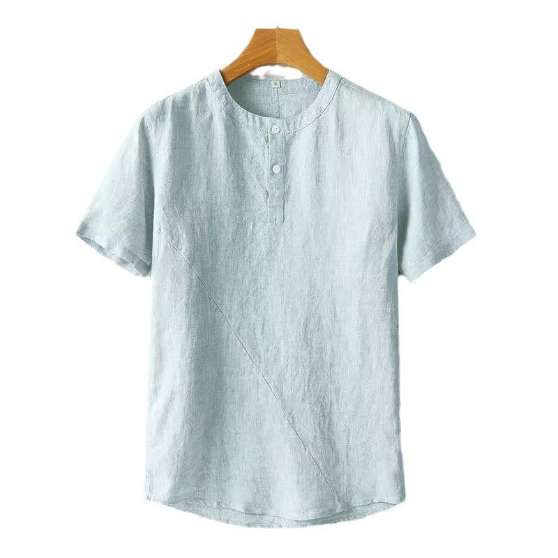 Solid Color Short Sleeve Two Top Buttons Cotton Linen Men's Shirt