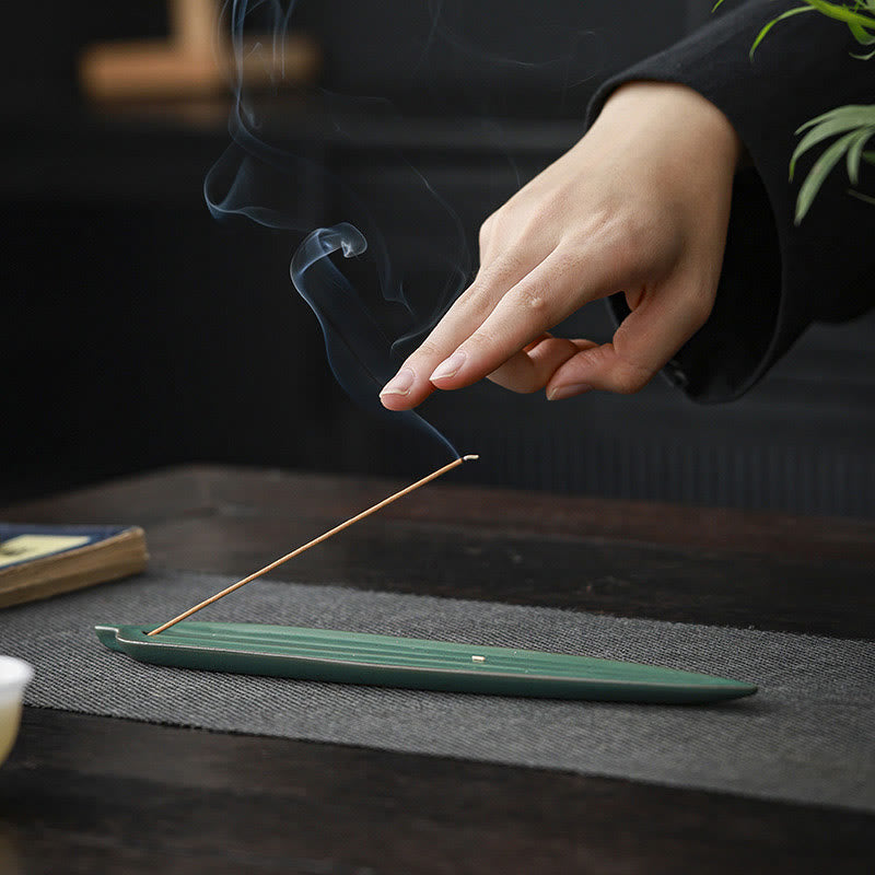Green Bamboo Leaf Healing Ceramic Incense Burner Decoration