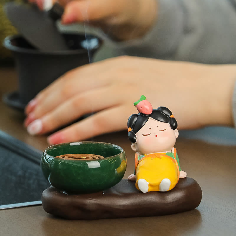 Tang Dynasty Lady Ceramic Incense Burner with Food Motif Desk Decoration
