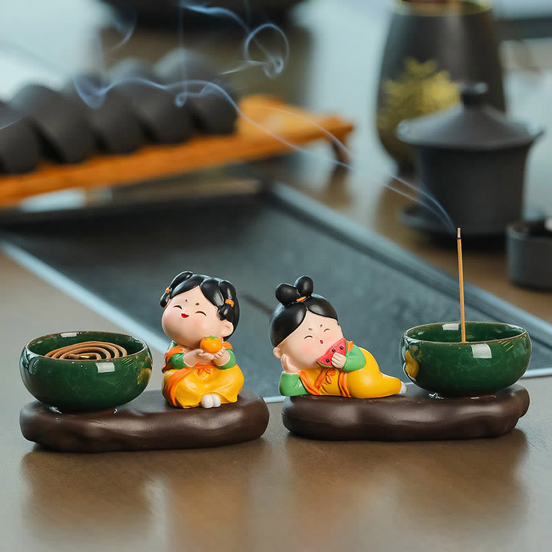 Tang Dynasty Lady Ceramic Incense Burner with Food Motif Desk Decoration
