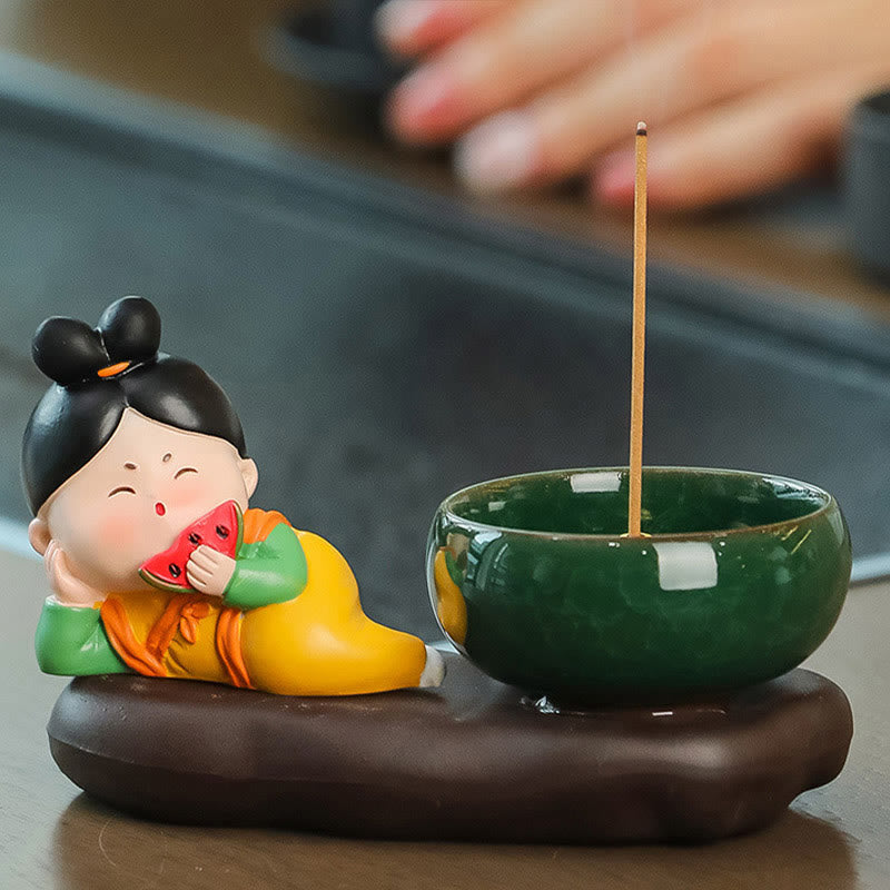 Tang Dynasty Lady Ceramic Incense Burner with Food Motif Desk Decoration