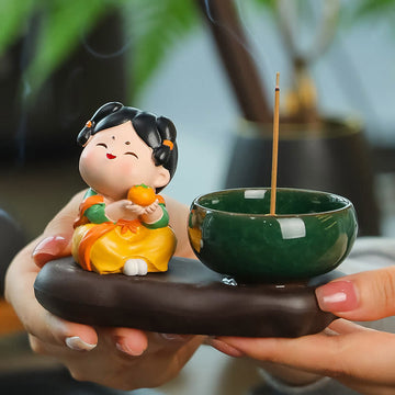 Tang Dynasty Lady Ceramic Incense Burner with Food Motif Desk Decoration