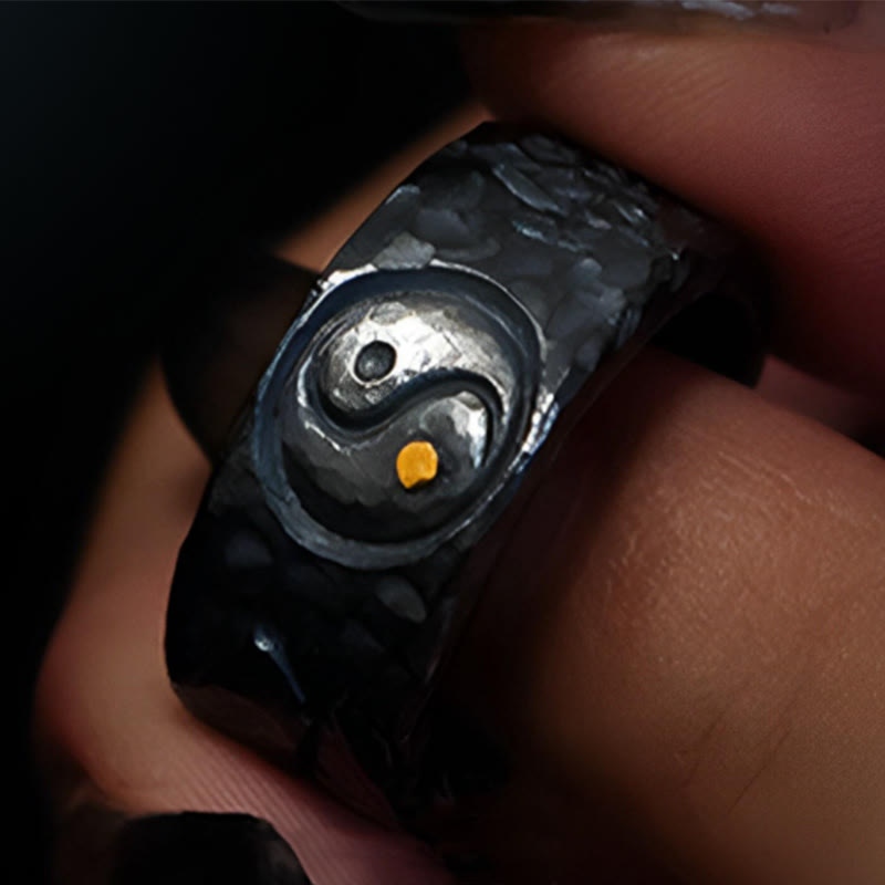 999 Sterling Silver & Gold Yin Yang Taoist Talisman Engraved Balance Ring